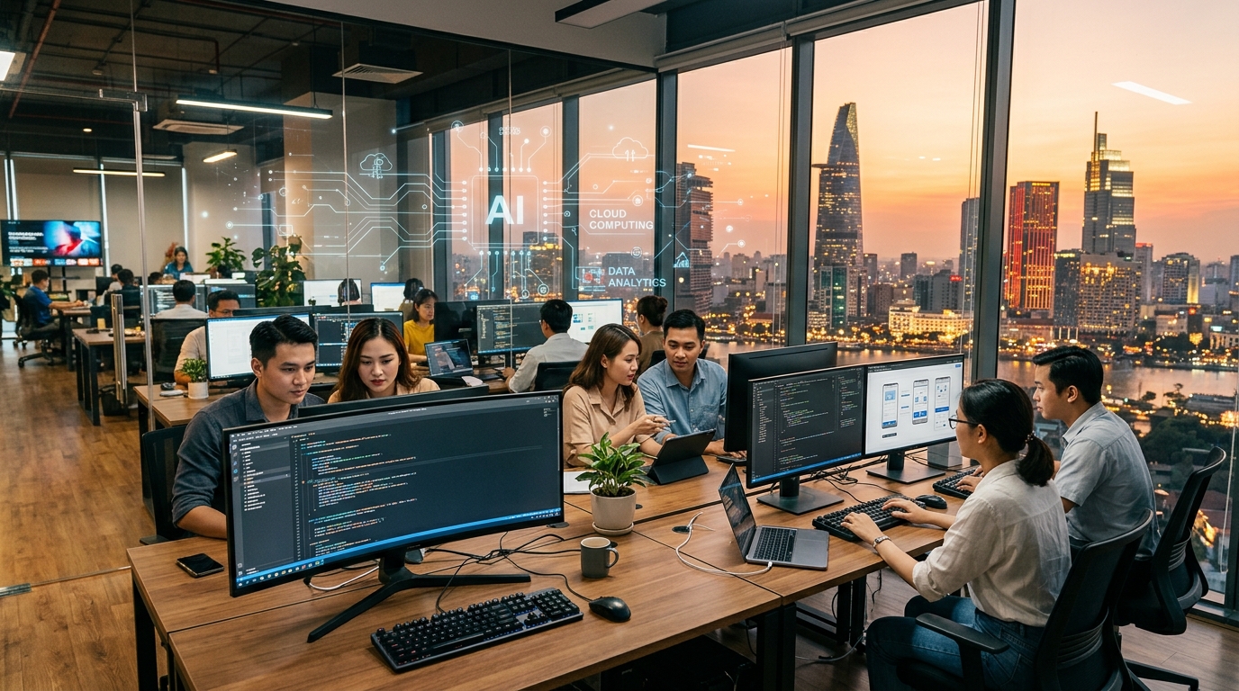 Professionals working in a modern office with digital overlays for AI, cloud computing, and data analytics