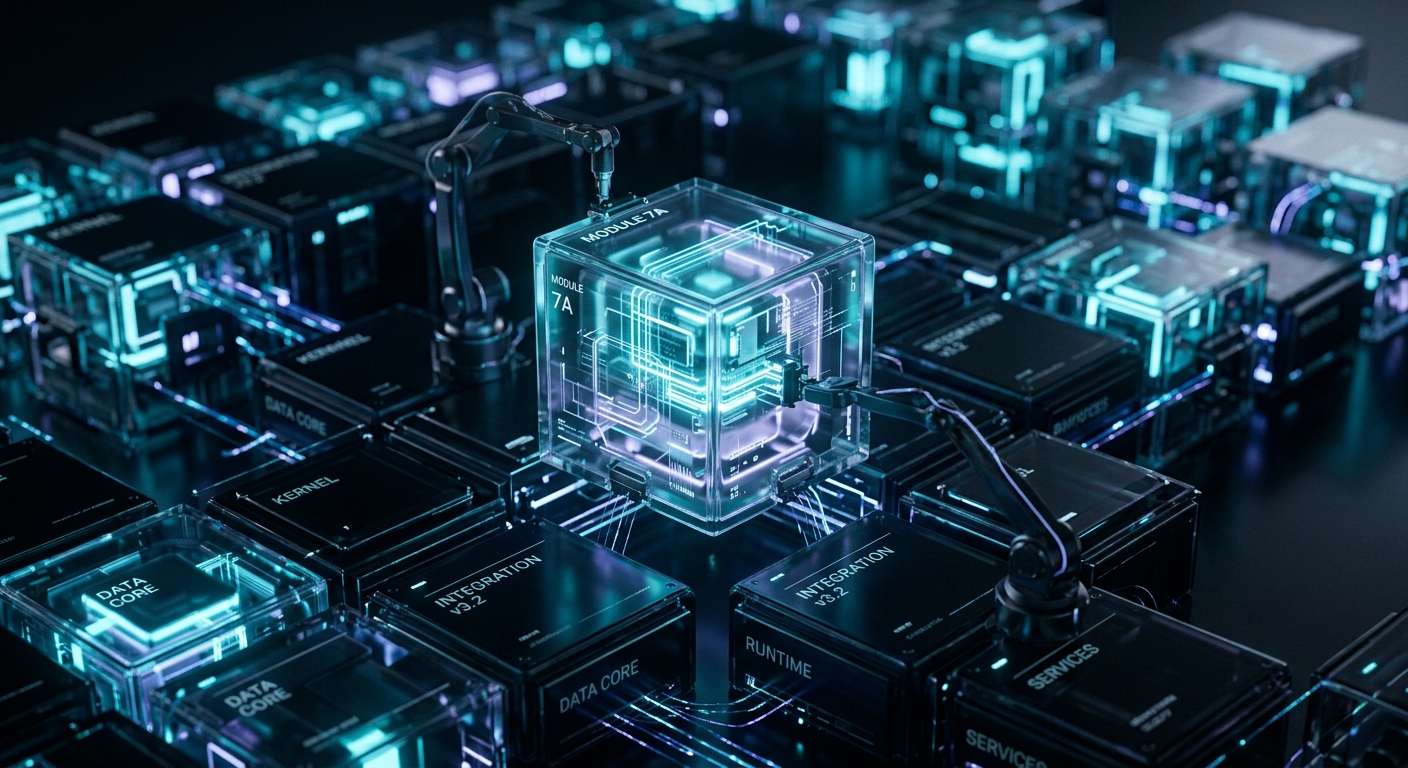 Robotic arms assembling a glowing Module 7A cube within a grid of data core and integration modules