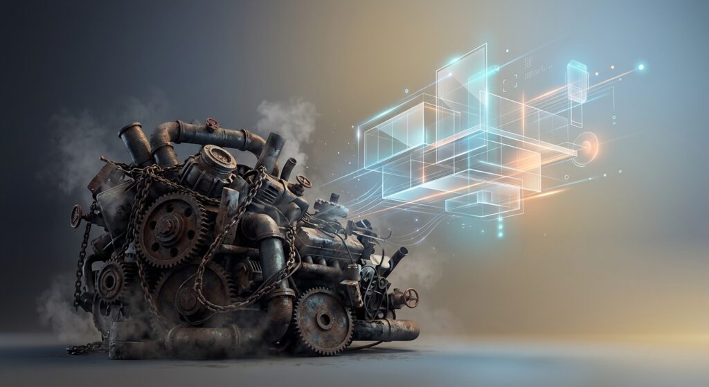 Rusty mechanical engine connected by glowing light trails to a modern digital interface