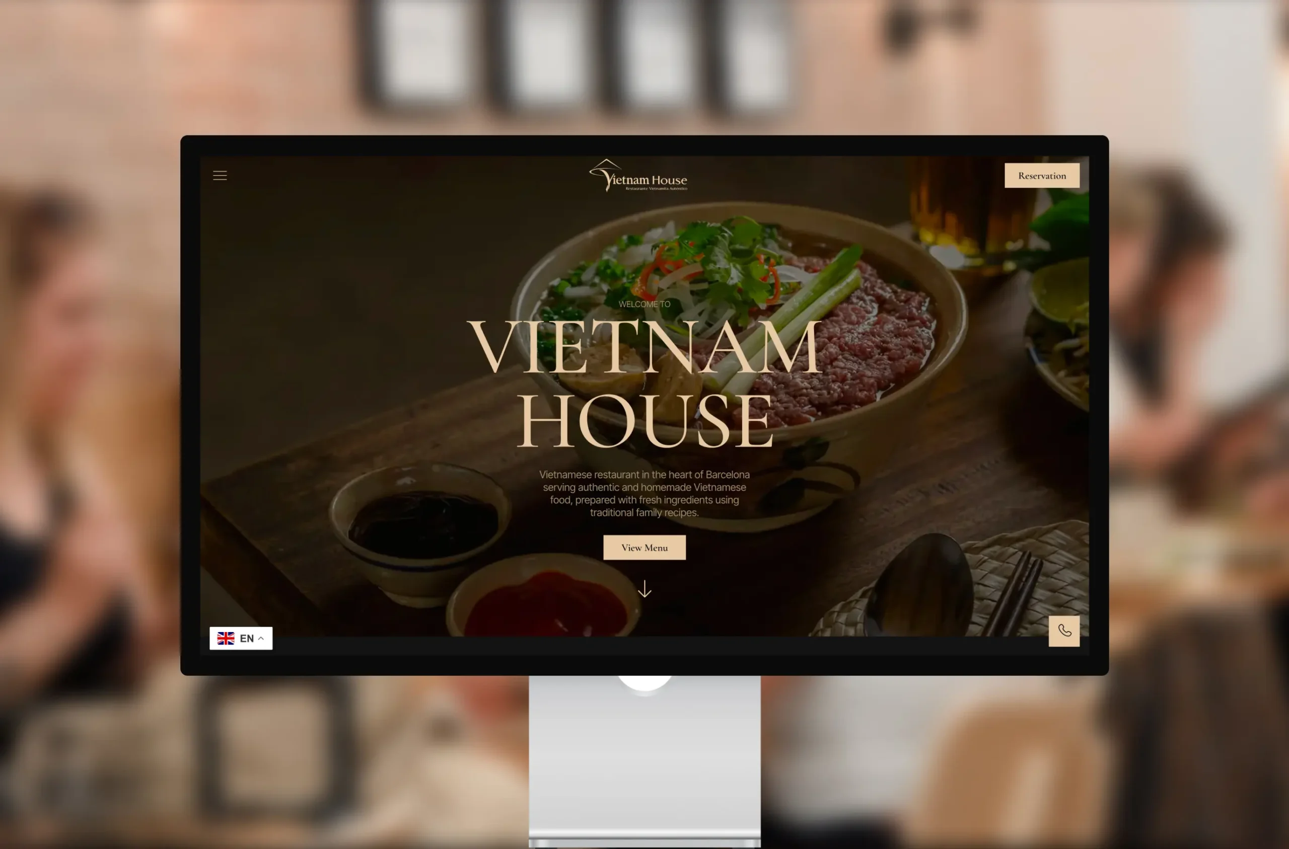 Website mockup for Vietnam House restaurant featuring a bowl of Vietnamese soup and a View Menu button