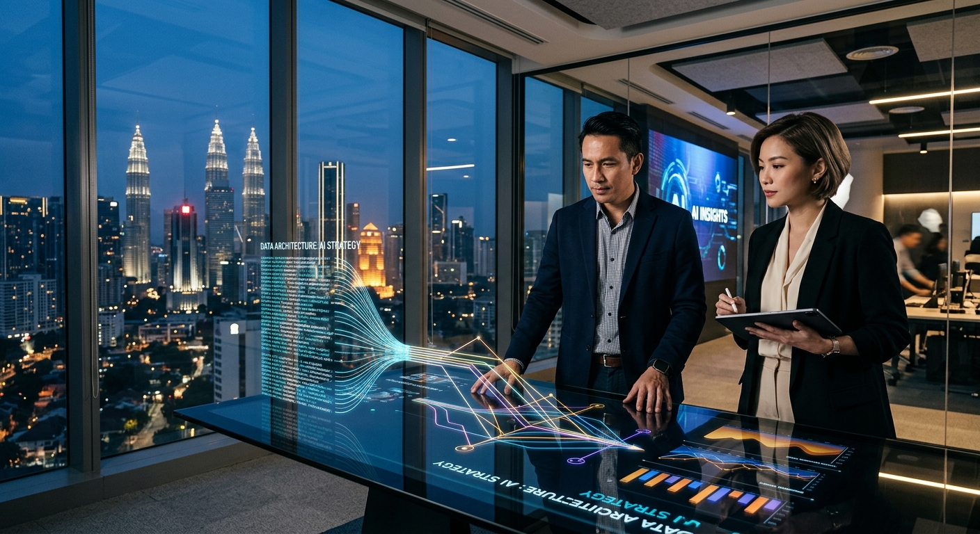 Two professionals analyze AI data architecture graphics on an interactive table in a high-rise overlooking Kuala Lumpur